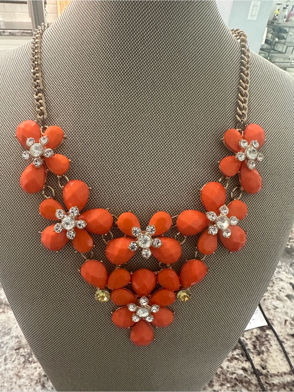 Bright Orange Floral Bib Necklace with Crystal Accents
